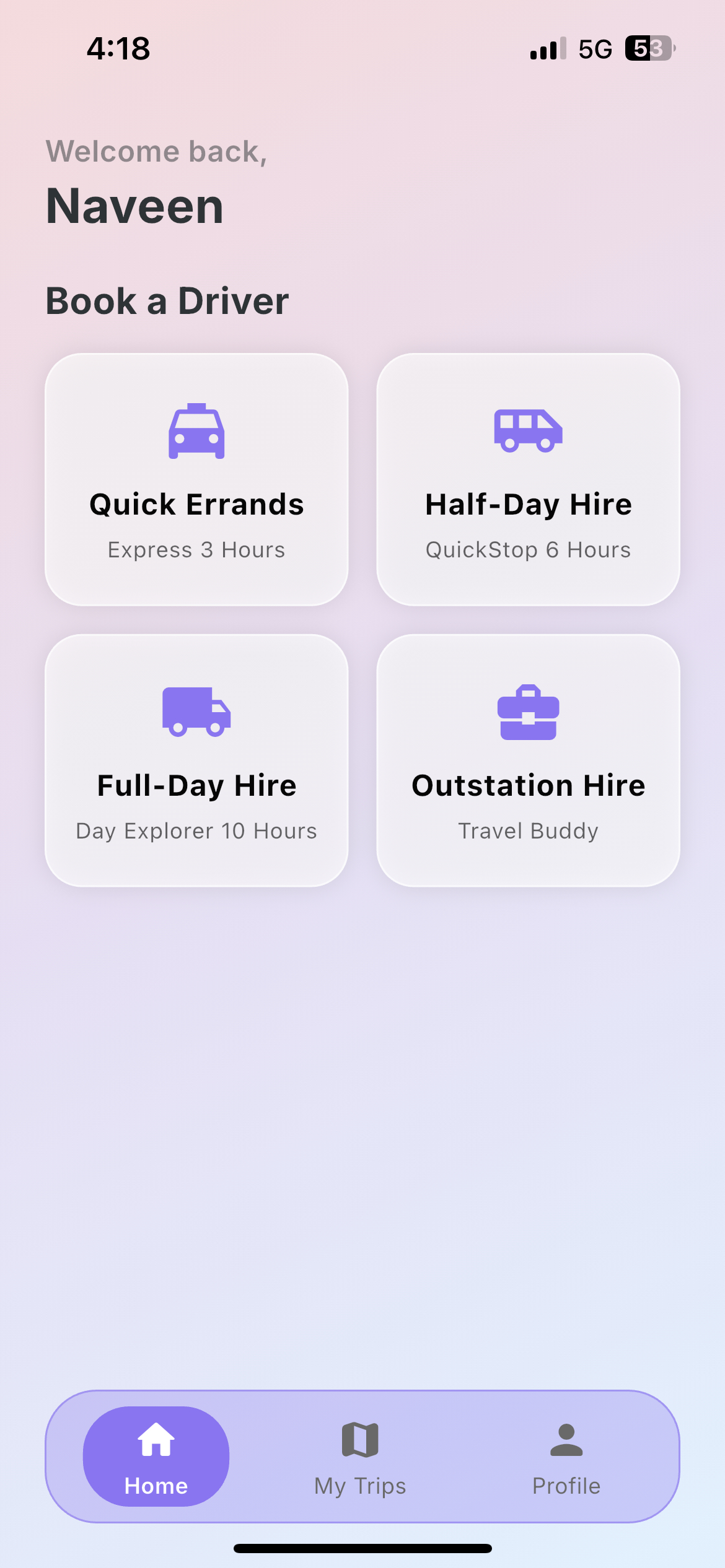DriveNova app home screen — Book a Driver with Quick Errands, Half-Day, Full-Day and Outstation options